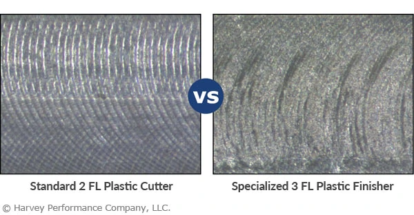 Image of facing operation patterns from a standard 2 flute plastic cutter beside another image from a specialized 3 flute plastic finisher 