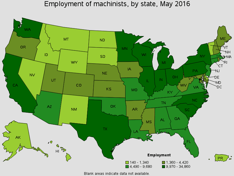 employment of machinists by state 2016