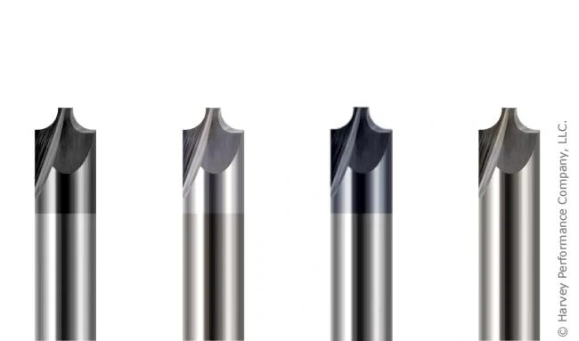 four different corner rounding end mills with different tool coatings
