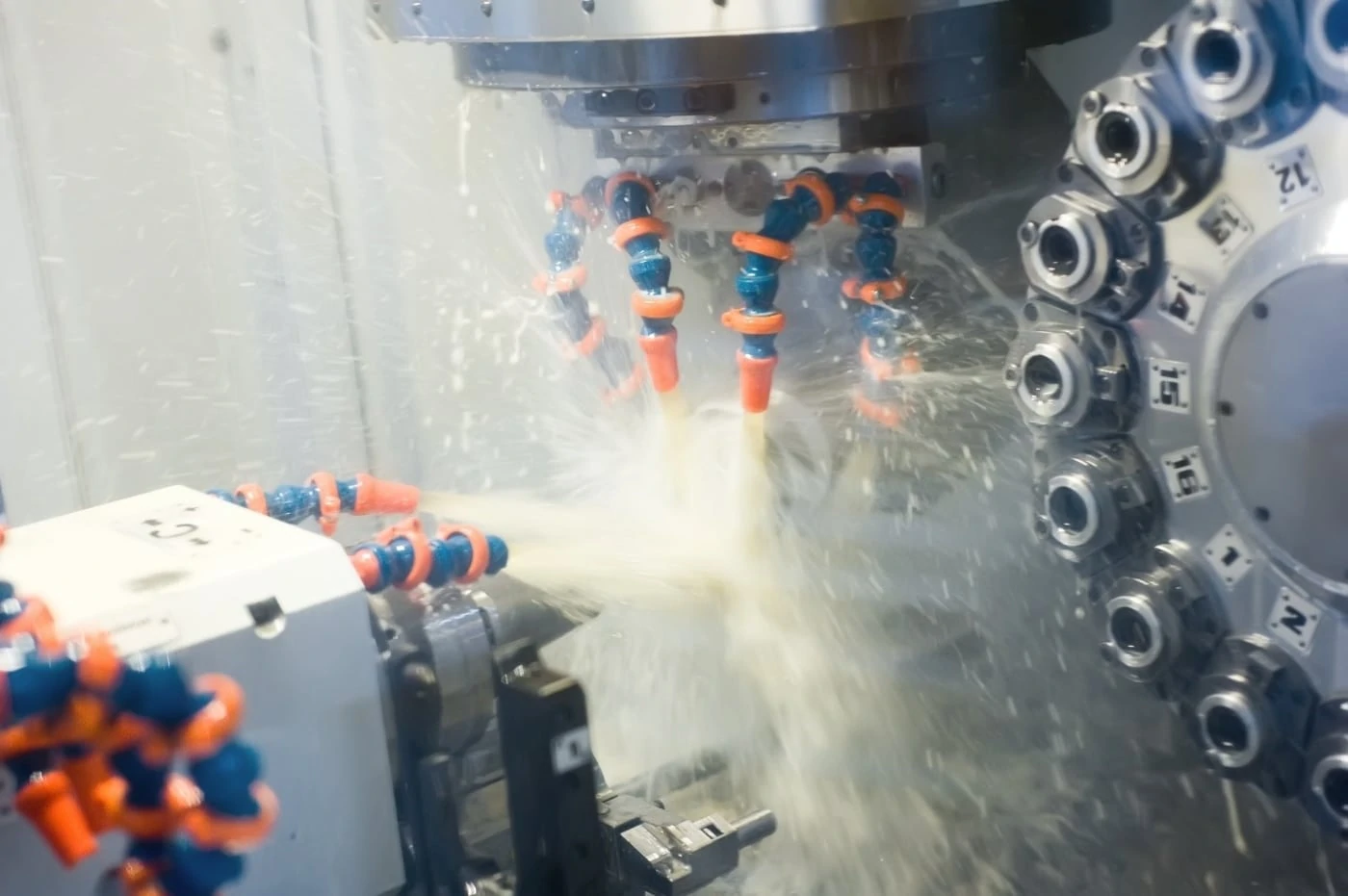 coolant being sprayed onto a part during a cnc machining operation