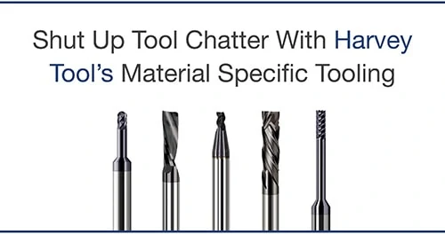 harvey tool material specific tooling ad with 4 end mills pictured side-by-side