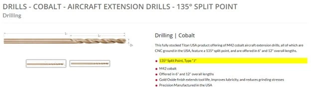 Screenshot from Titan Cutting Tools of a Type J aerospace drill